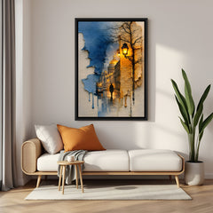 Urban modern canvas wall painting of a man walking through city in black floater frame