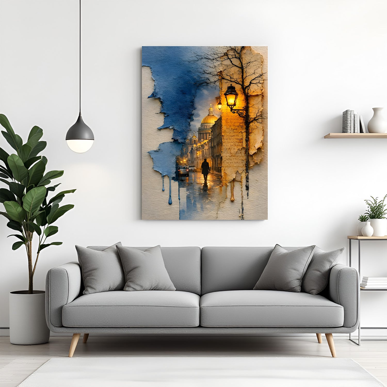 Modern art canvas of a man walking in a city in canvas wrapped frame