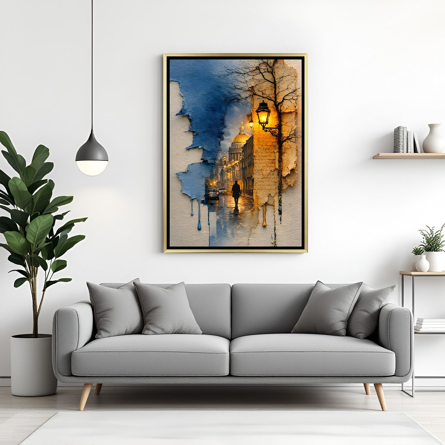 Modern city walk artwork canvas with man walking in luxury golden floater frame