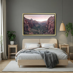 Red rocky hills canvas wall art with valley and trees in painted tones, framed in a golden floater for rich and rustic modern home decor