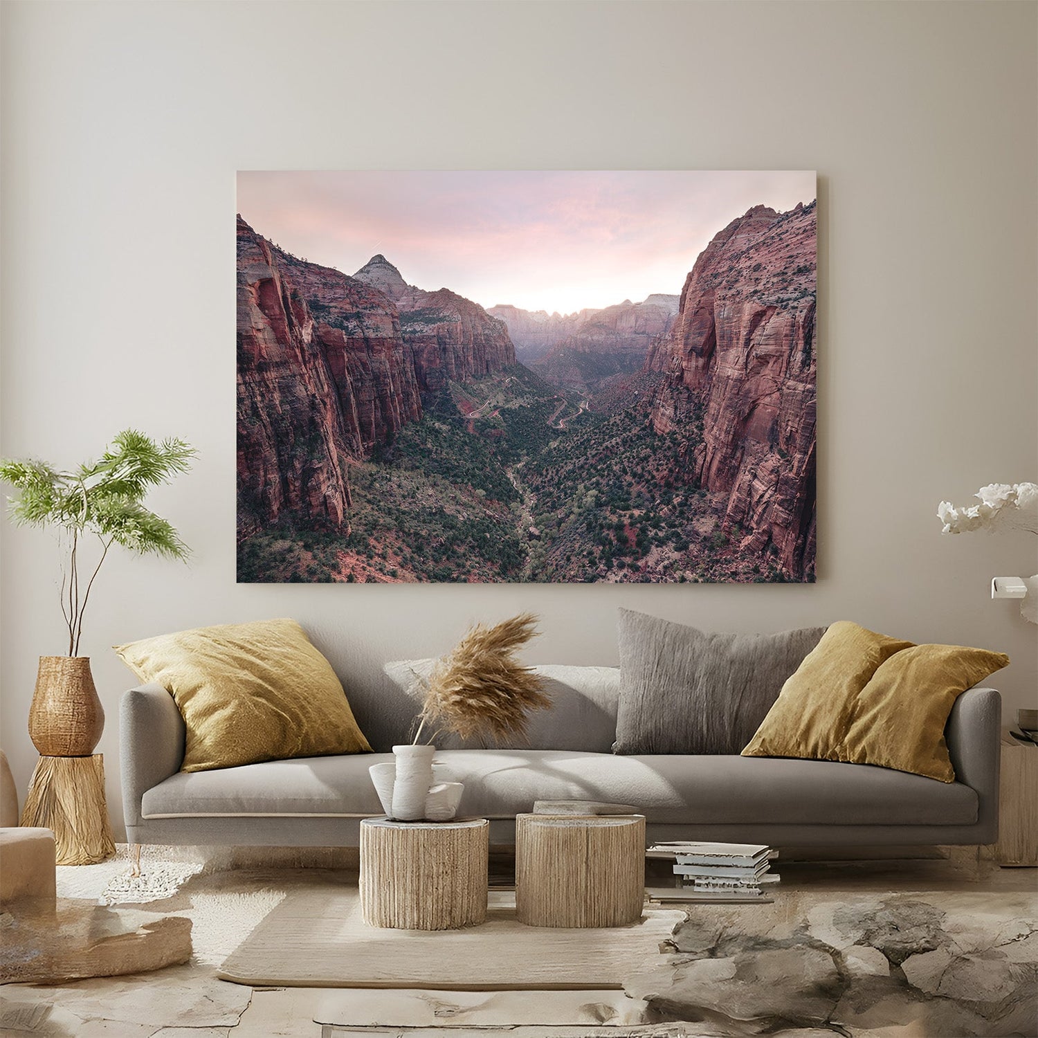 Valley scenery canvas wall art with reddish rock hills on both sides and scattered trees in the center, viewed from a high hill for bold nature decor