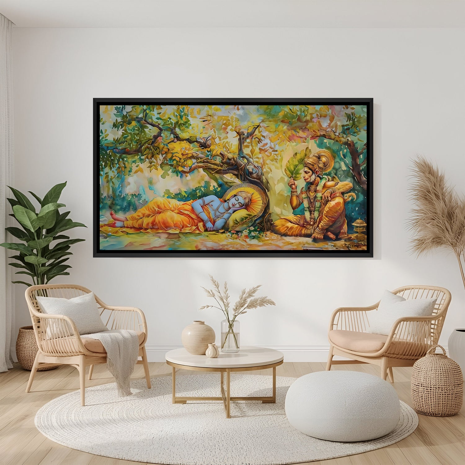 Lord Ram and Hanuman devotional artwork in elegant black floater frame featuring a peaceful forest setting