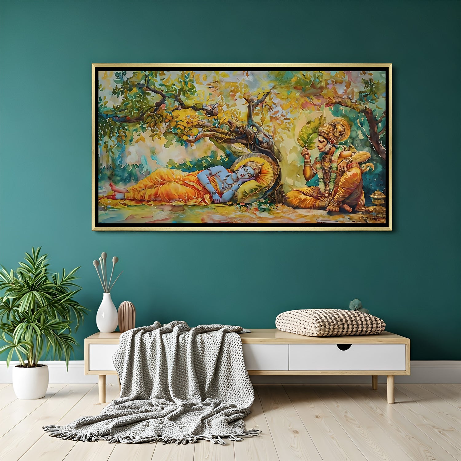 Divine Lord Ram resting with Hanuman in luxurious golden floater frame spiritual forest canvas painting