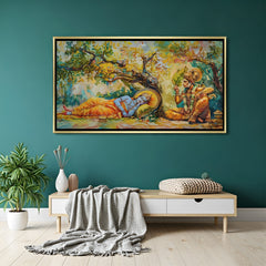 Divine Lord Ram resting with Hanuman in luxurious golden floater frame spiritual forest canvas painting