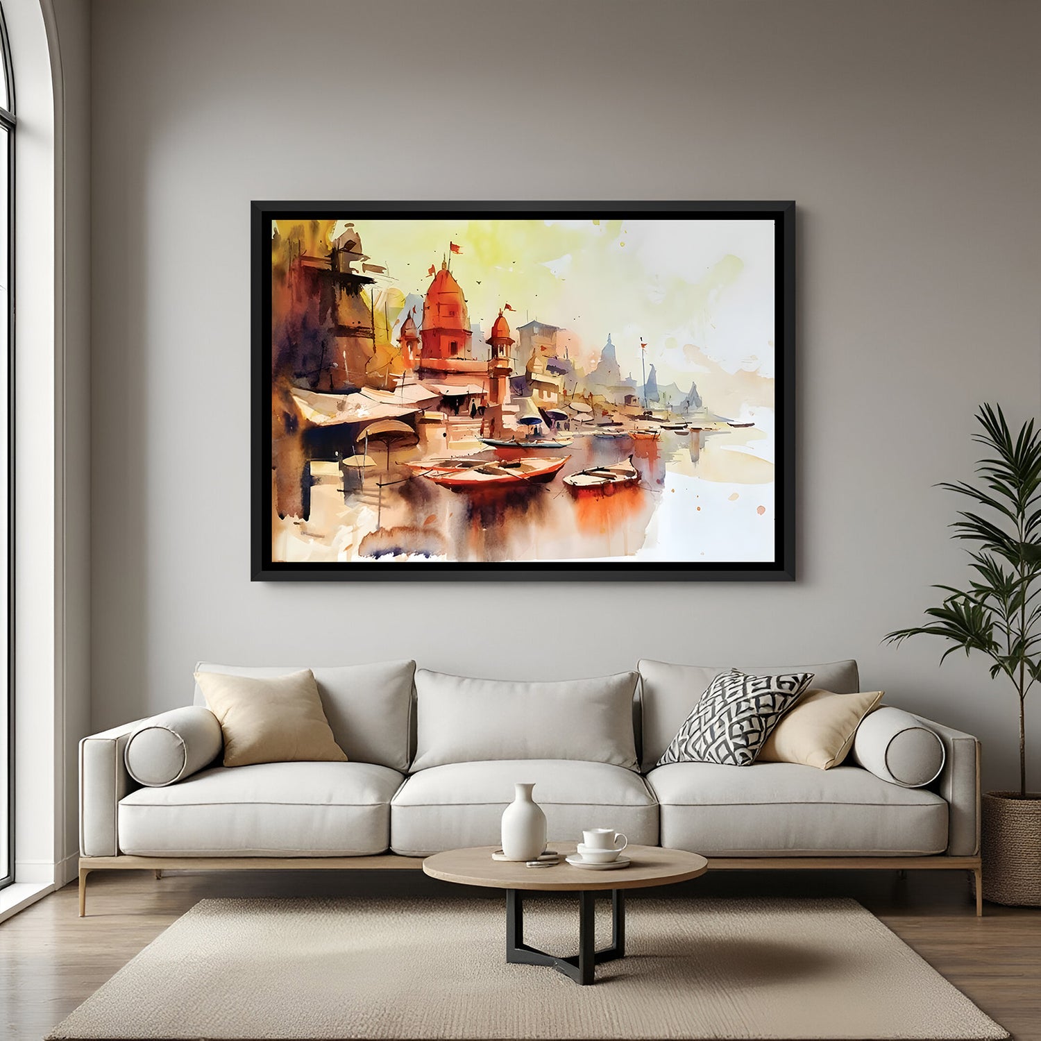 Abstract Varanasi ghat artwork with two boats in elegant black floater frame featuring modern artistic styling