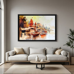 Abstract Varanasi ghat artwork with two boats in elegant black floater frame featuring modern artistic styling