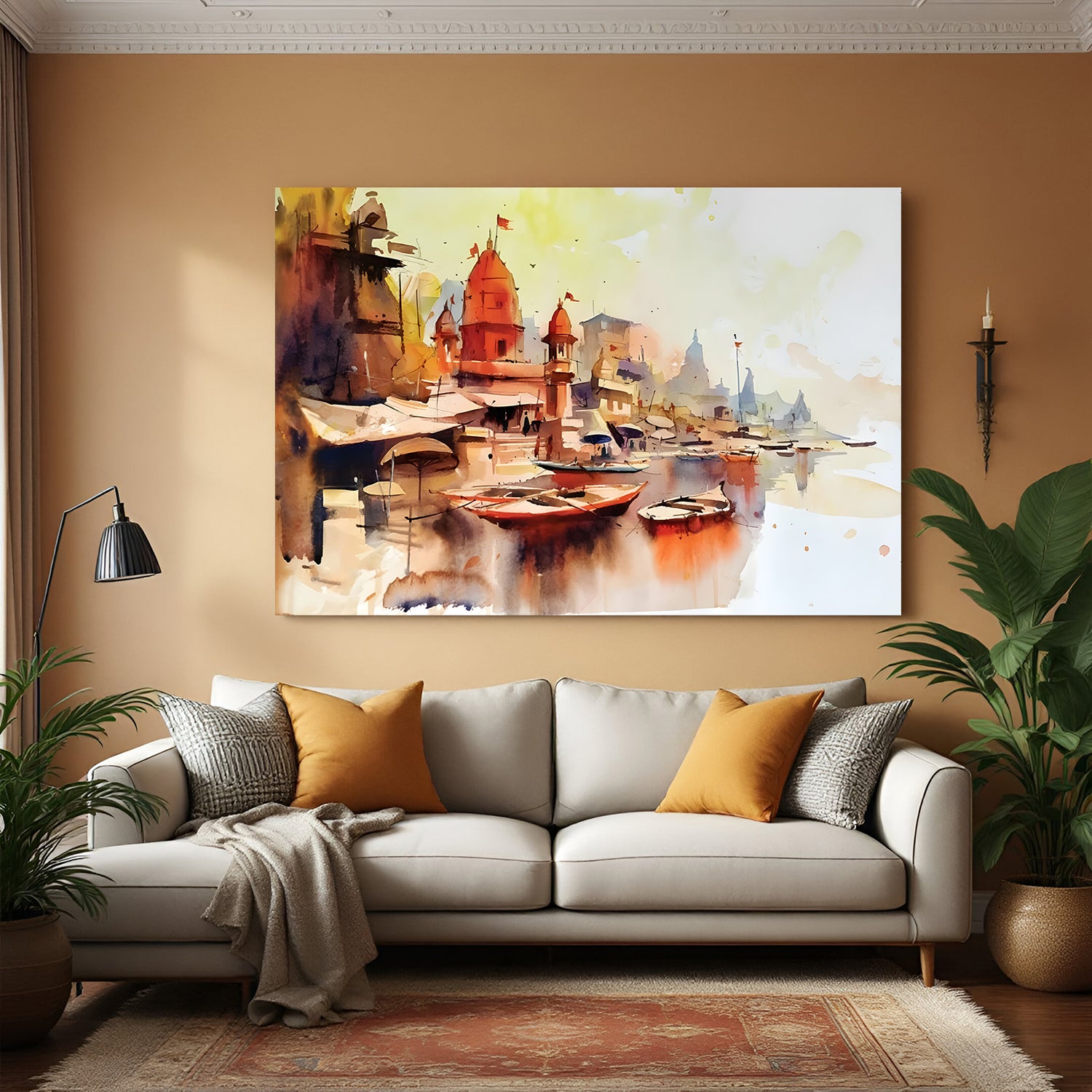 Varanasi abstract riverboats canvas wall art with two boats on the Ganges River in premium canvas wrapped frame