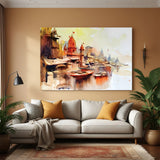 Varanasi abstract riverboats canvas wall art with two boats on the Ganges River in premium canvas wrapped frame