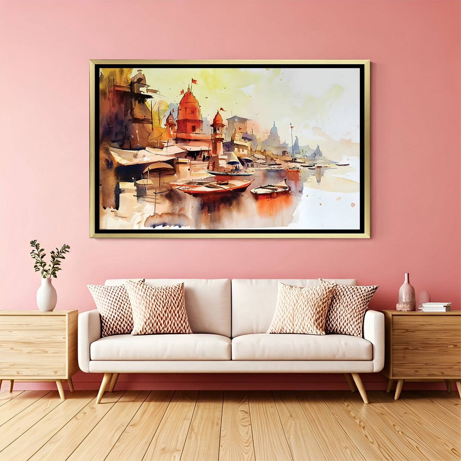 Varanasi abstract riverboats artwork in luxury golden floater frame showcasing colorful riverside scenery