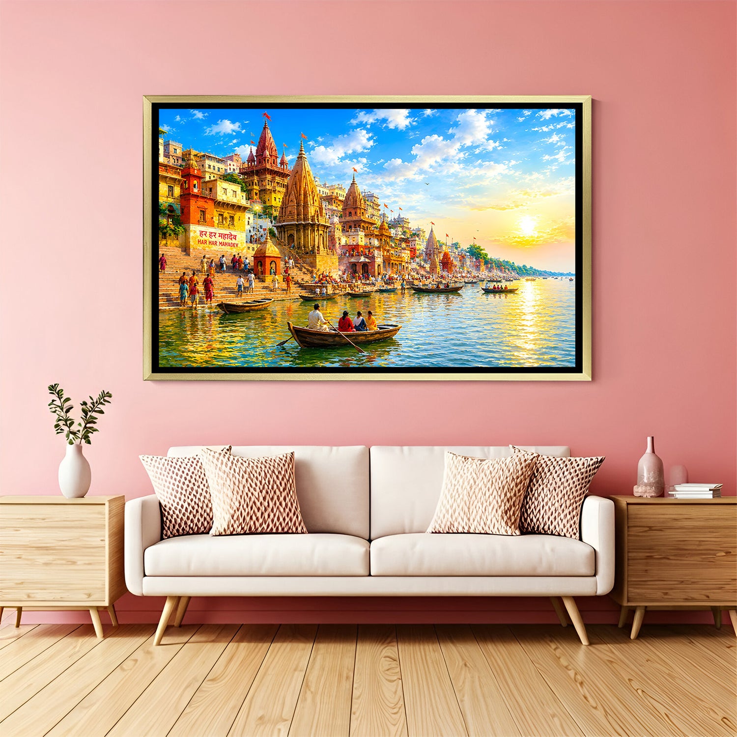 Varanasi Eternal Ganges Reverence artwork in luxury golden floater frame featuring sacred riverside scenery