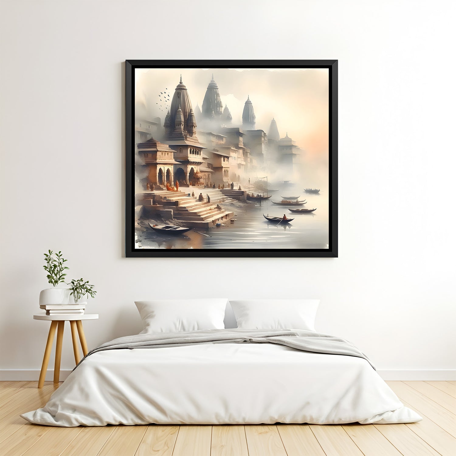 Varanasi pilgrimage-inspired artwork in elegant black floater frame showcasing iconic ghats and spiritual heritage