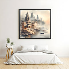 Varanasi pilgrimage-inspired artwork in elegant black floater frame showcasing iconic ghats and spiritual heritage