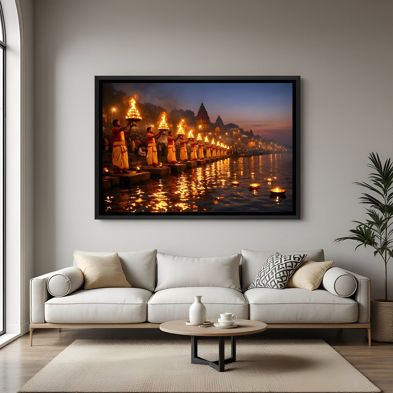 Varanasi Ganga Aarti wall art in elegant black floater frame featuring devotees performing the sacred ritual at night