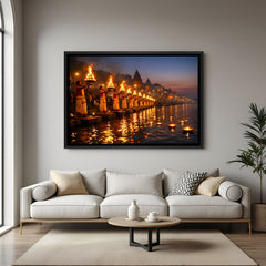 Varanasi Ganga Aarti wall art in elegant black floater frame featuring devotees performing the sacred ritual at night