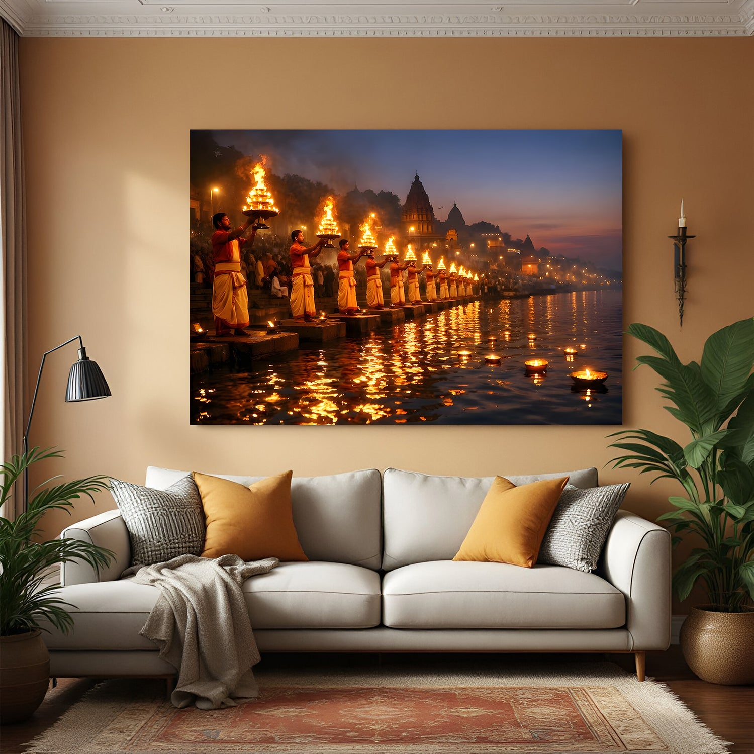 Varanasi Ganga Aarti night ceremony canvas wall art in premium canvas wrapped frame with illuminated ghats and sacred rituals