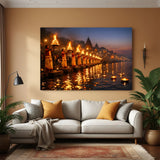 Varanasi Ganga Aarti night ceremony canvas wall art in premium canvas wrapped frame with illuminated ghats and sacred rituals