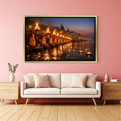 Varanasi Ganga Aarti nighttime artwork in luxury golden floater frame with glowing lamps and spiritual ambiance