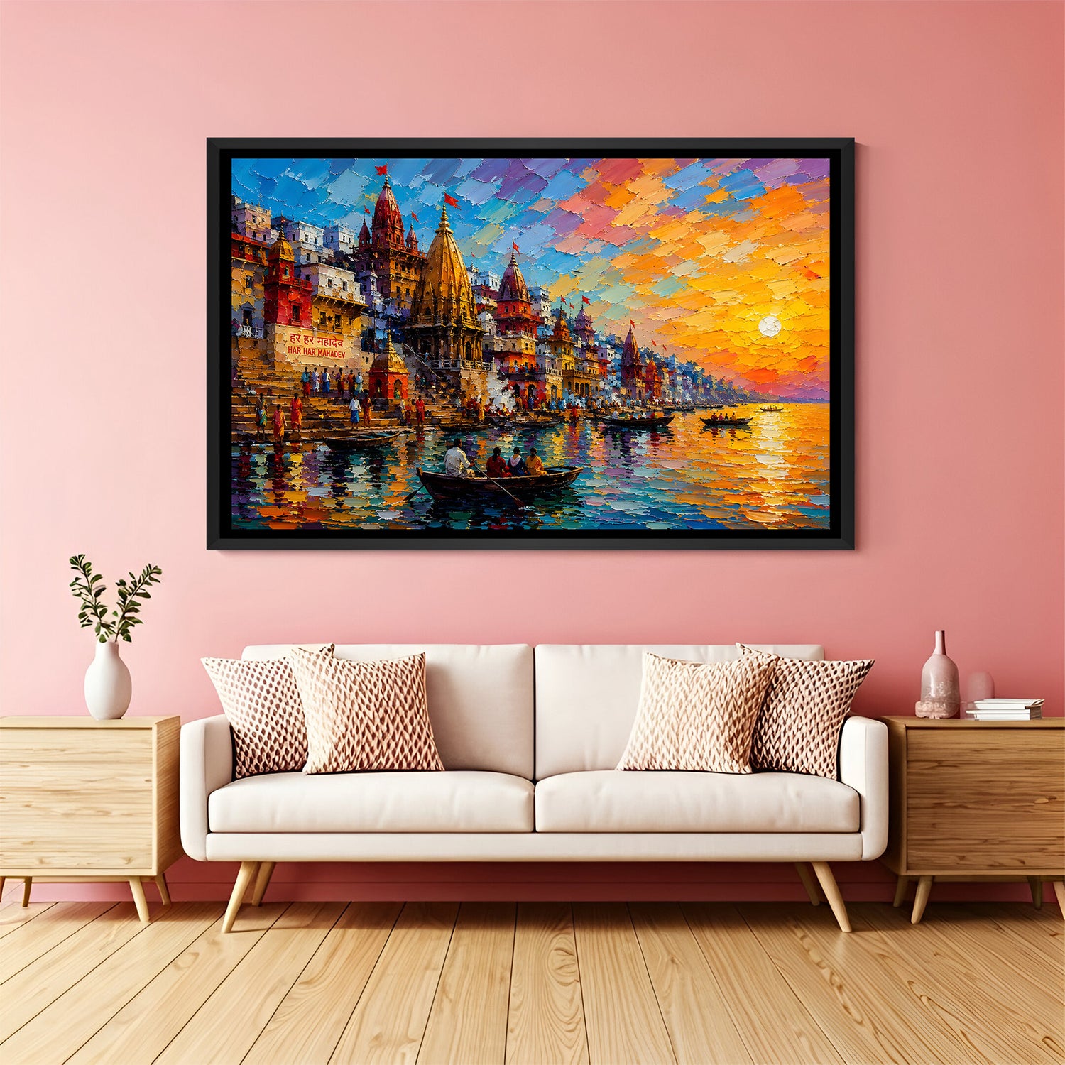 Varanasi riverside heritage artwork in elegant black floater frame showcasing iconic ghat architecture
