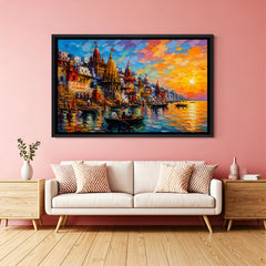 Varanasi riverside heritage artwork in elegant black floater frame showcasing iconic ghat architecture