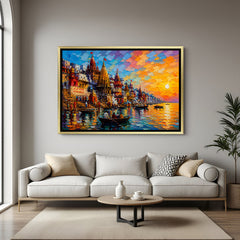 Varanasi Ganges Heritage Vista artwork in luxury golden floater frame featuring cultural riverfront scenery