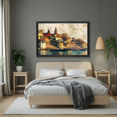 Varanasi Ghat hand painted canvas wall art in black floater frame for living room decoration