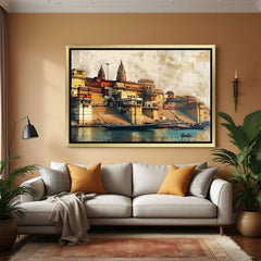 Varanasi Ghat hand painted canvas wall art in golden floater frame for home and office wall decor