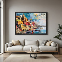 Varanasi Ghat Hand Painting in Black Floater Frame | Indian Canvas Wall Art