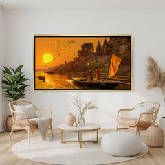 Varanasi ghat sunset wooden frame canvas wall art for living room