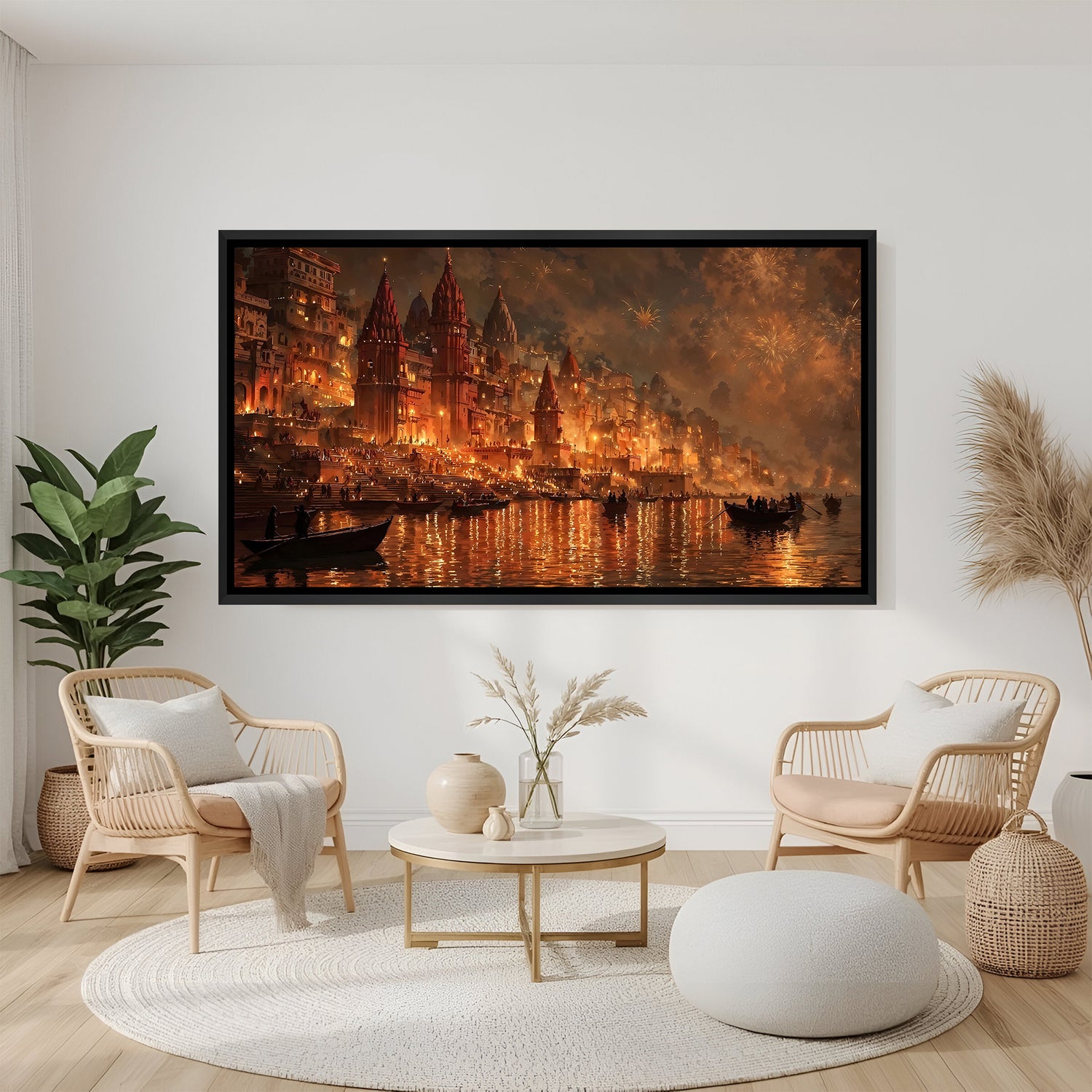 Varanasi Ghat night wall art in elegant black floater frame with glowing lights and Ganges reflections