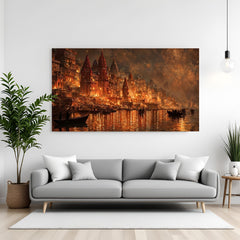 Varanasi Ghat Moonlit Serenity canvas wall art in premium canvas wrapped frame featuring illuminated riverside temples at night