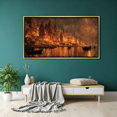Varanasi Ghat Moonlit Serenity artwork in luxury golden floater frame showcasing sacred nighttime beauty