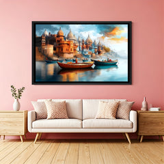 Varanasi ghat artwork with boats and flying birds in elegant black floater frame featuring a peaceful river scene
