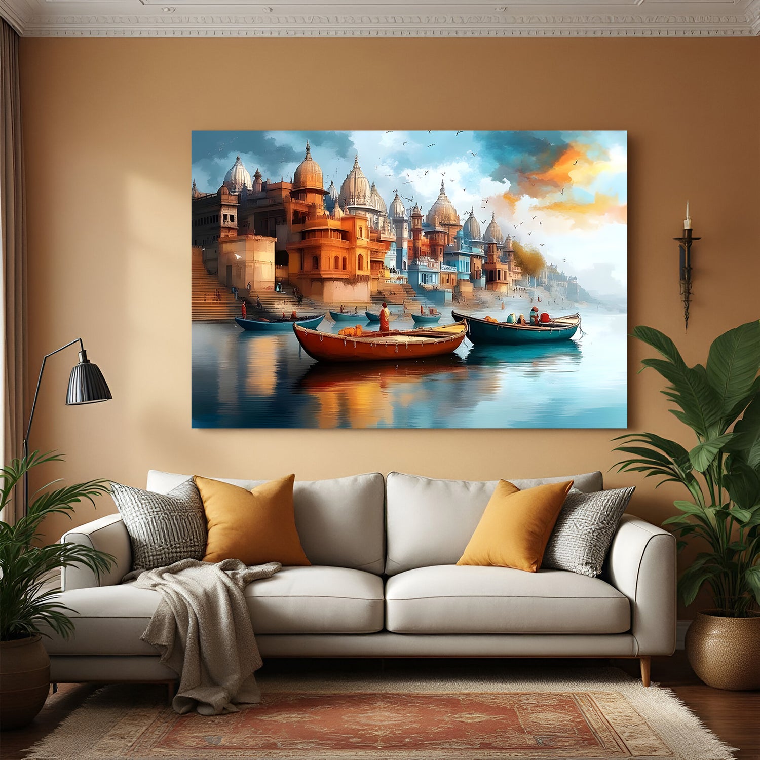 Varanasi Ghat River Journey canvas wall art with two boats on the Ganges River and birds flying above in premium canvas wrapped frame