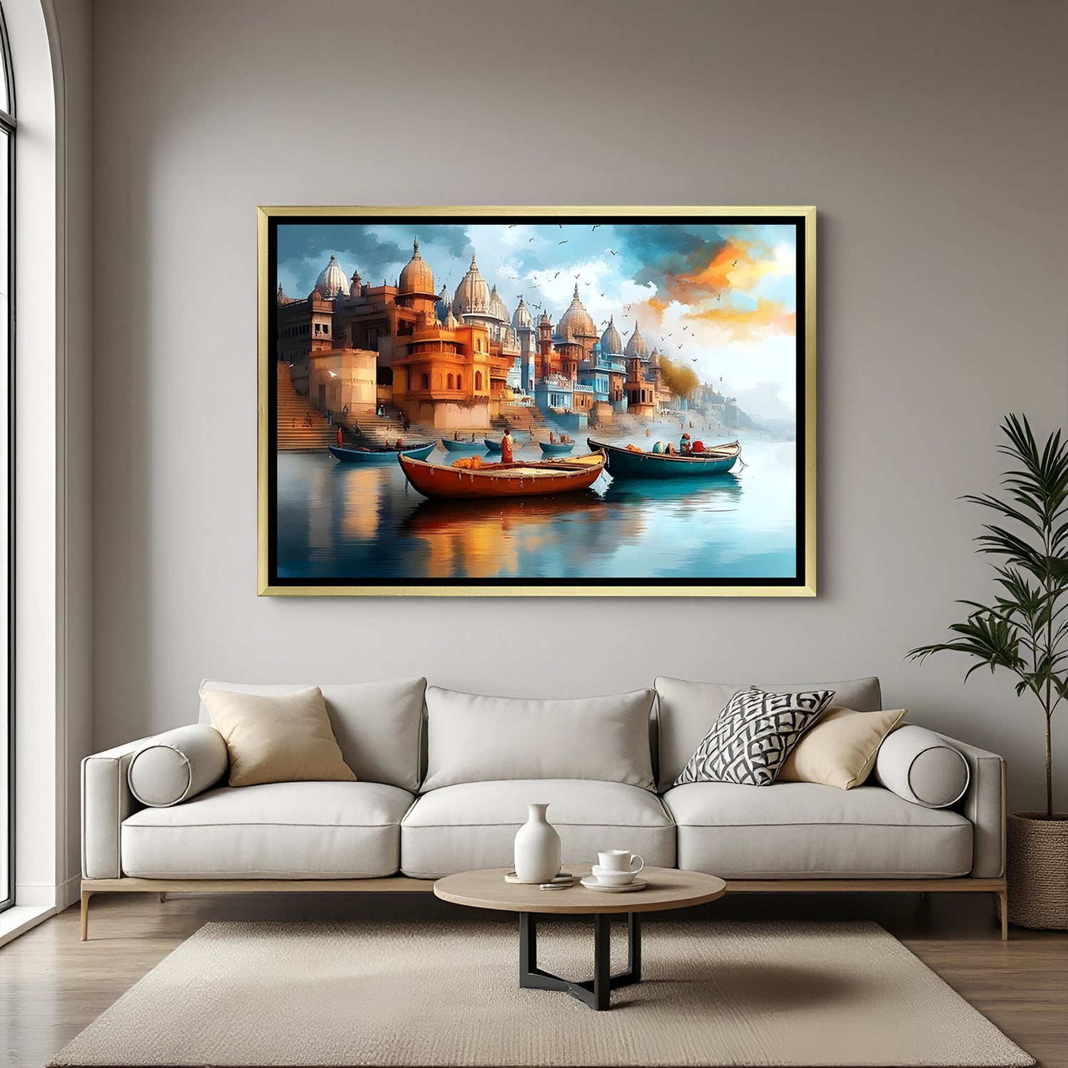 Varanasi Ghat River Journey artwork in luxury golden floater frame showcasing boats on the Ganges and birds in flight