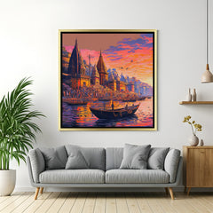 Hand-painted Varanasi ghat canvas wall art with river, boats, and temple silhouettes, in golden floater frame, ideal for pooja room and peaceful home decor