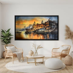 Varanasi Ghat wall art in elegant black floater frame showcasing historic riverside architecture and sunrise views