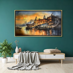 Varanasi Ghat Spiritual Sunrise artwork in luxury golden floater frame featuring sacred river reflections
