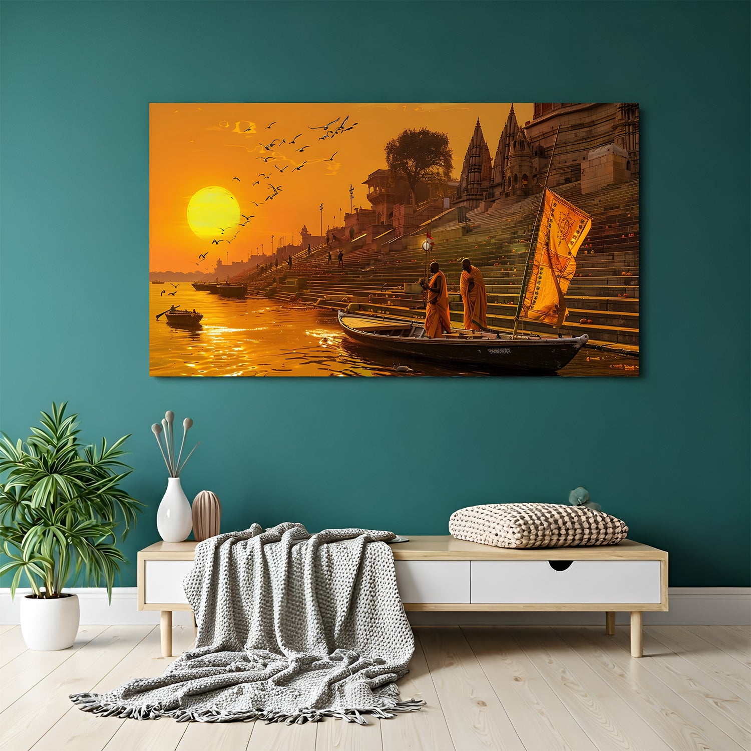 Varanasi ghat sunset canvas wall art with Ganges river and temple steps