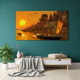 Varanasi ghat sunset canvas wall art with Ganges river and temple steps