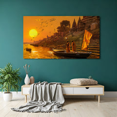 Varanasi ghat sunset canvas wall art with Ganges river and temple steps