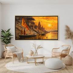 Varanasi ghat golden sunset wooden frame canvas wall art