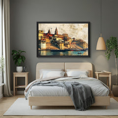 Black frame Varanasi Ghats wall art – traditional Indian canvas painting for spiritual and elegant interiors