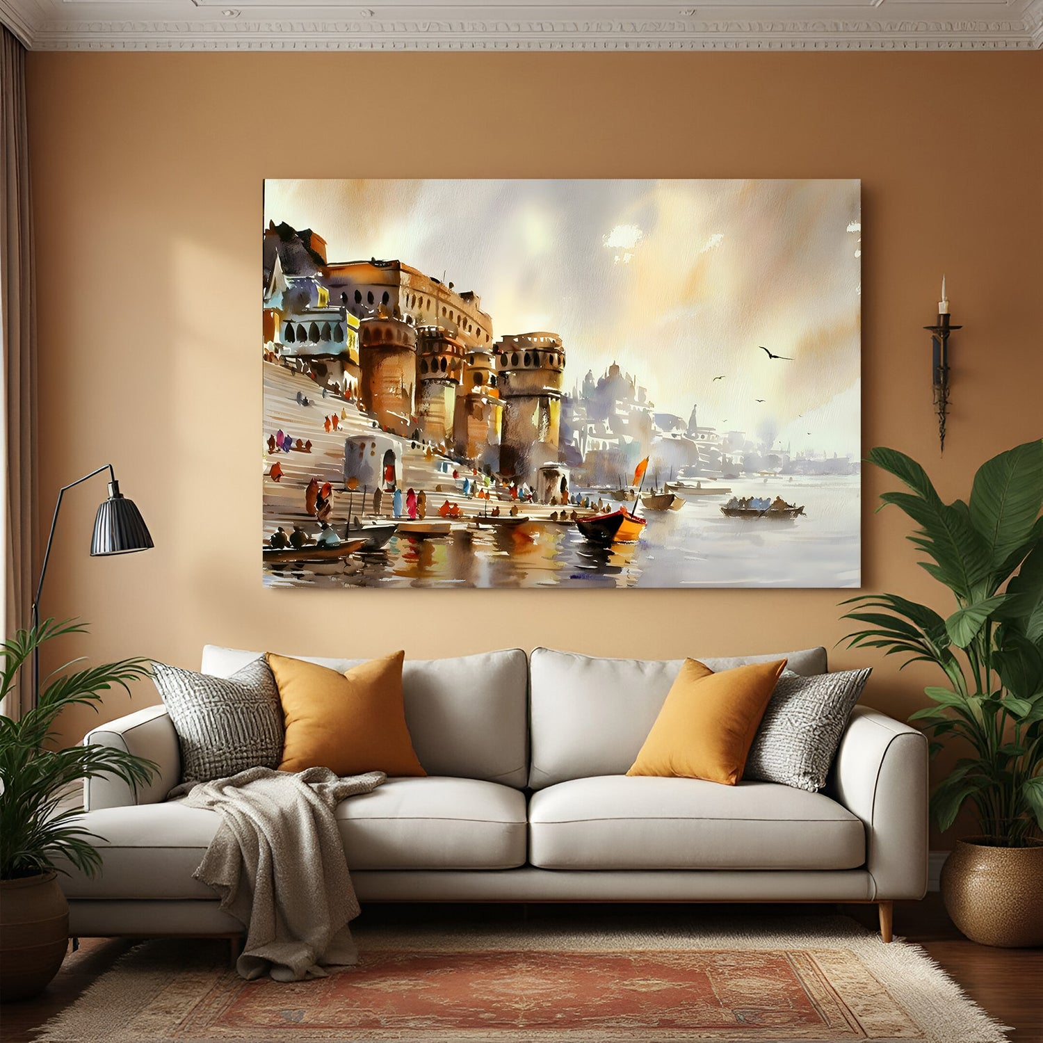Varanasi Heritage Riverfront wall decor in premium canvas wrapped frame featuring sacred ghats and historic Ganges riverside architecture