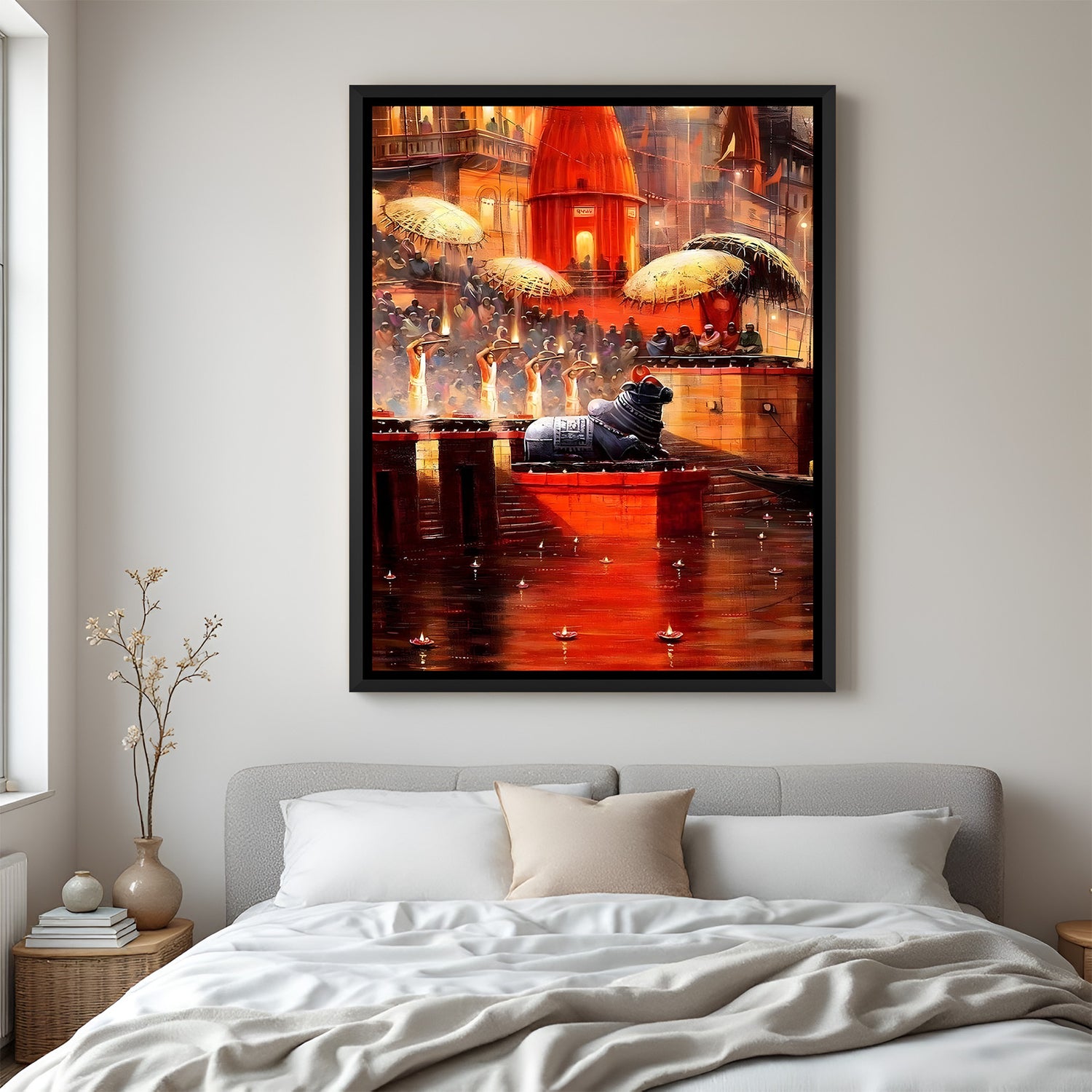 Varanasi Ganga Aarti artwork with Nandi Maharaj statue in elegant black floater frame and sacred nighttime ambiance