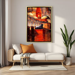 Varanasi Nandi Aarti Reverence wall decor in luxury golden floater frame featuring devotees, sacred lamps, and Nandi Maharaj