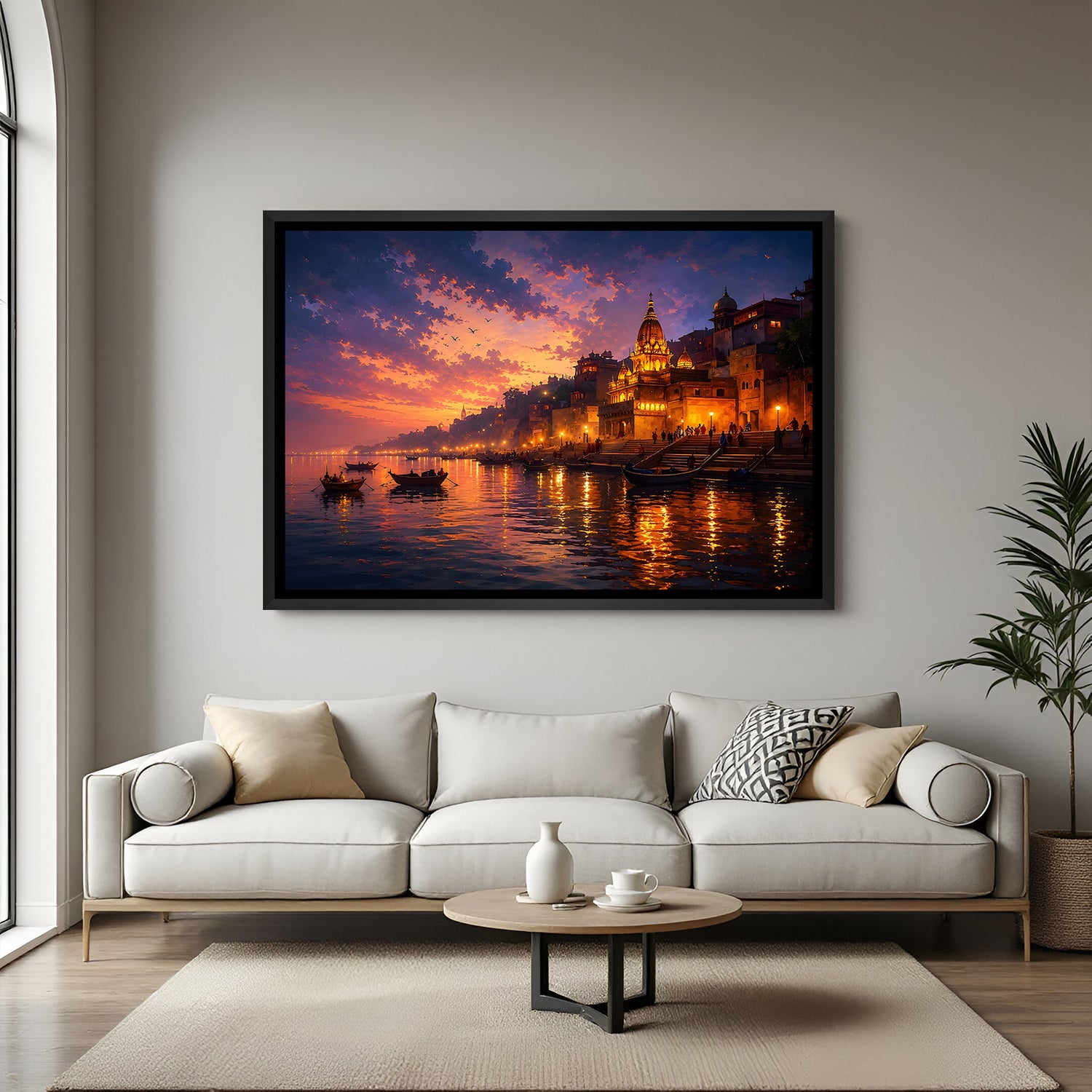 Varanasi ghat night artwork with glowing lights and river boats in elegant black floater frame