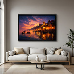 Varanasi ghat night artwork with glowing lights and river boats in elegant black floater frame