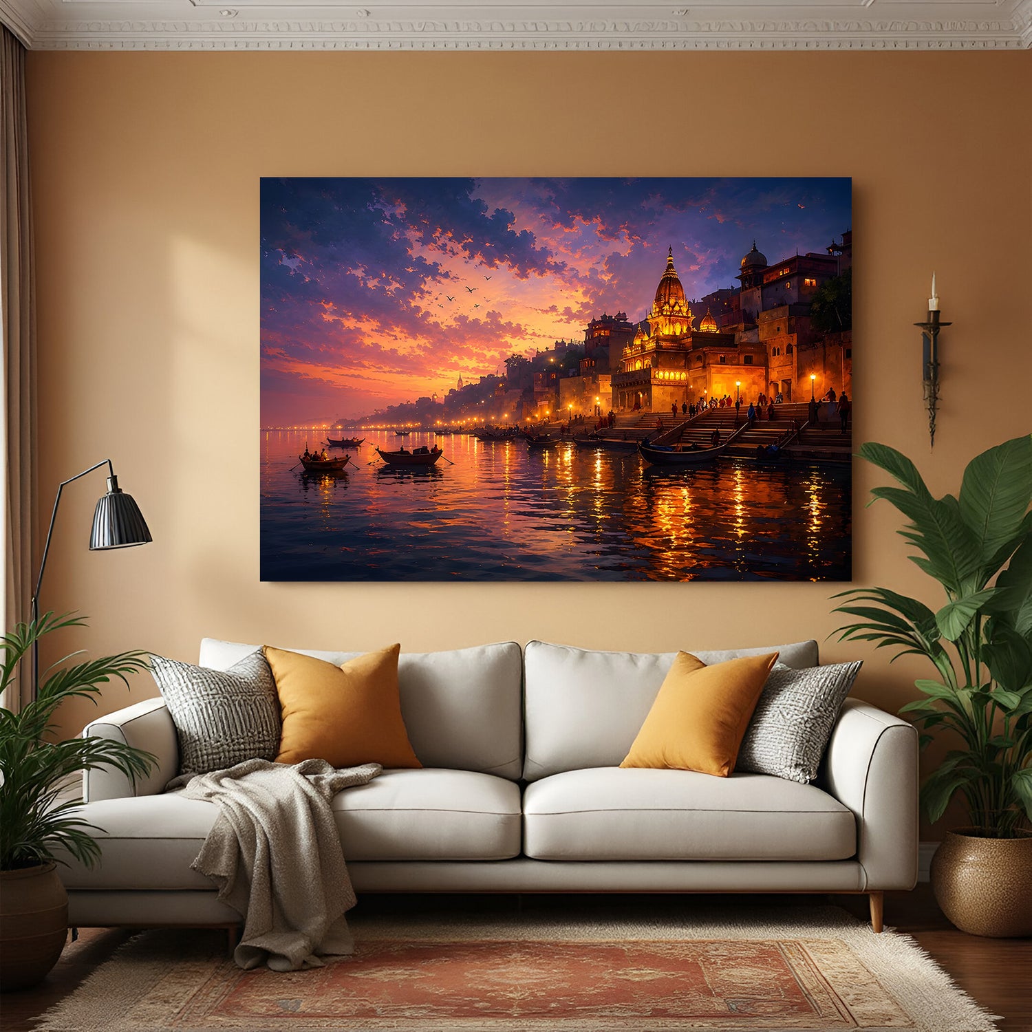 Varanasi Night Lights Riverfront canvas wall art with illuminated ghats and boats on the Ganges River in premium canvas wrapped frame