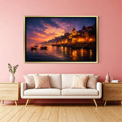 Varanasi Night Lights Riverfront artwork in luxury golden floater frame featuring illuminated ghats and boats on the Ganges