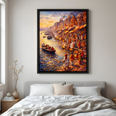 Varanasi ghat wall decor in elegant black floater frame showcasing historic riverfront architecture